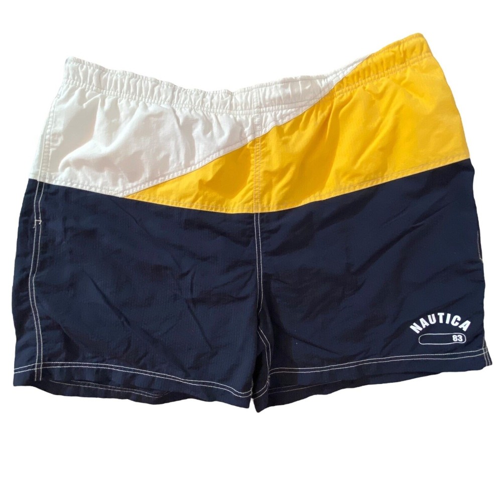 Men’s Nautica 83 Swim Trunks Blue/Yellow/White Inner Drawstring Pockets Size XL
